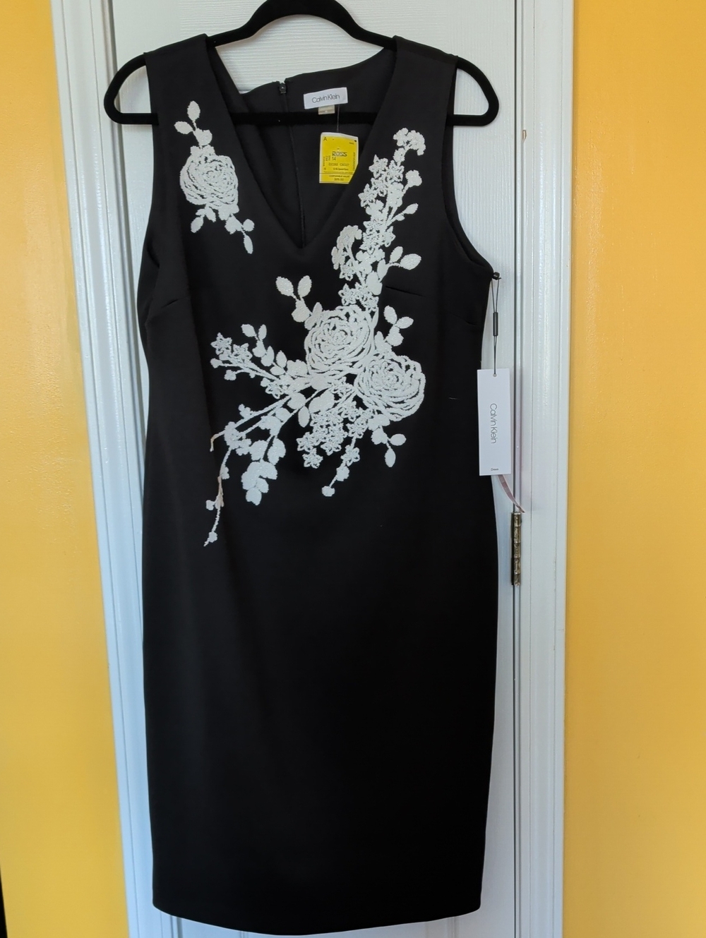 Calvin Klein Black Sheath Dress with White Floral Appliqué